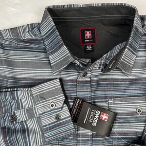 Swiss Tech Mens XL Poly Flannel Grey Stripe Performance Button Down Shirt